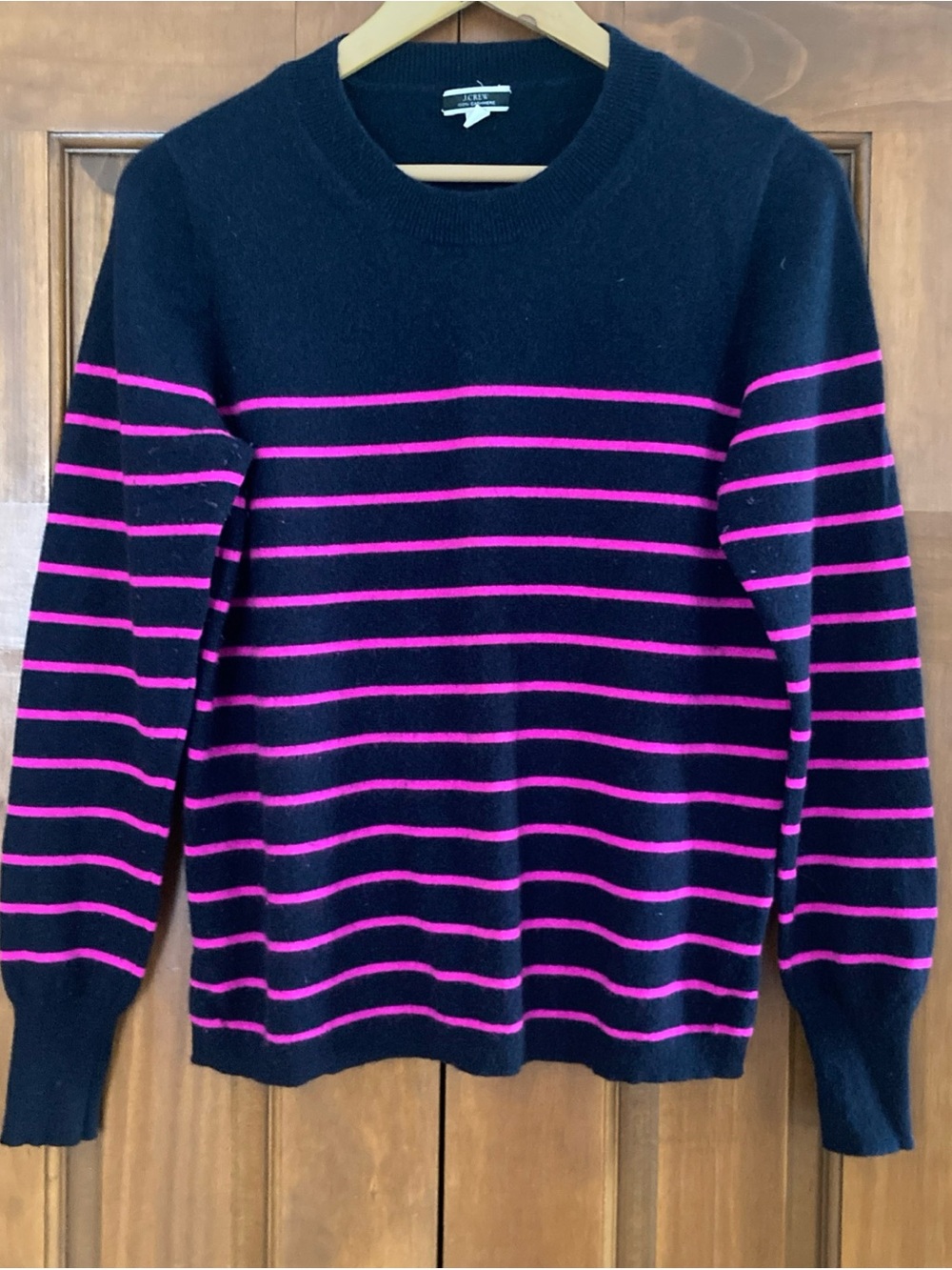 J. Crew Black Crewneck Sweater with Pink Stripes 100% cashmere women’s large
